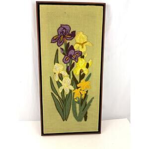VTG Crewel Floral Iris Paragon Needlepoint 70s Framed Fiber Wall Art 13"x27"